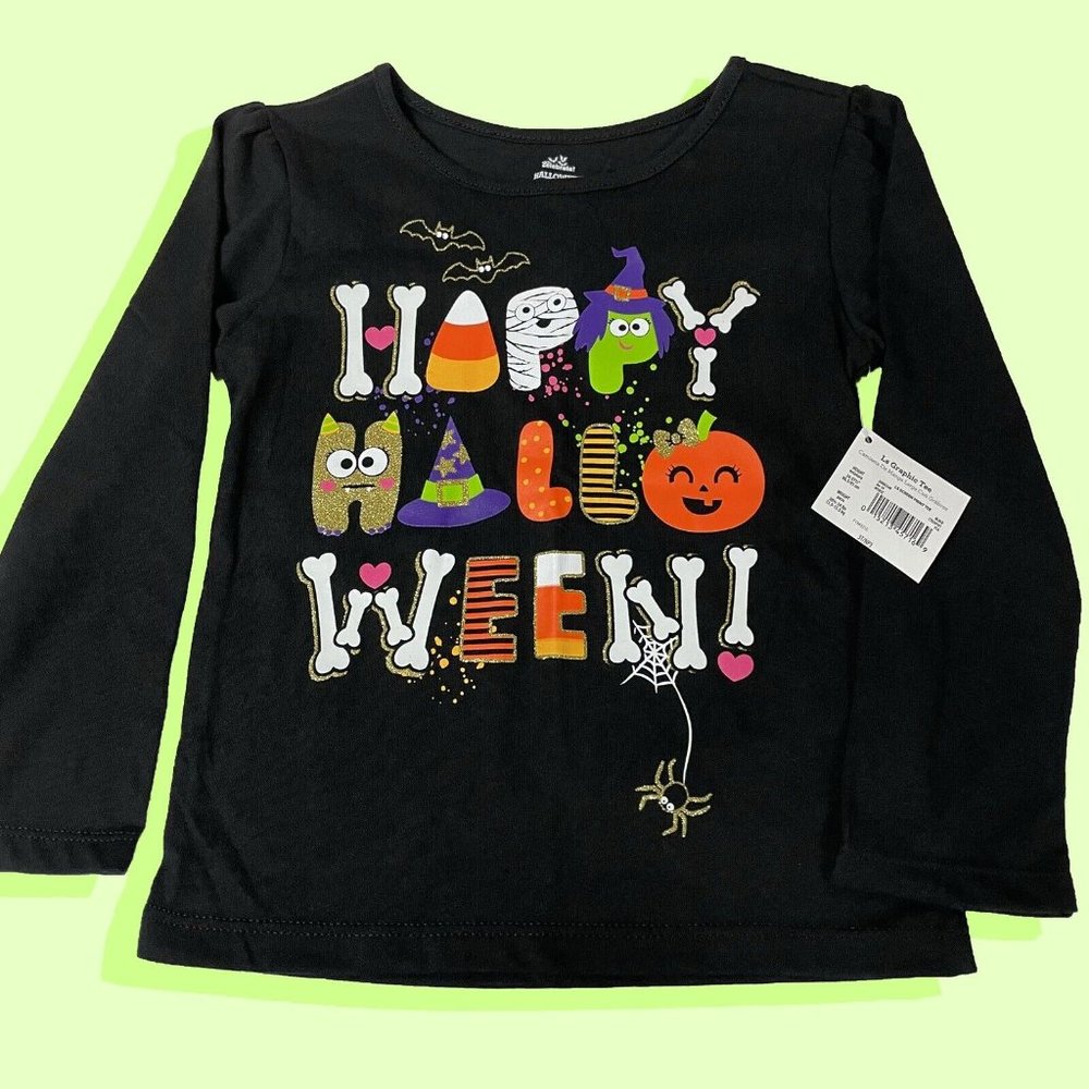 NWT Happy Halloween Glitter Glow in Dark Long Sleeve Candy Bat Black T-Shirt 3T